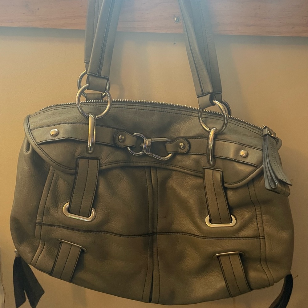 B Makowsky Grey leather Satchel  Nickel Hardware Buckle Detail. Great condition